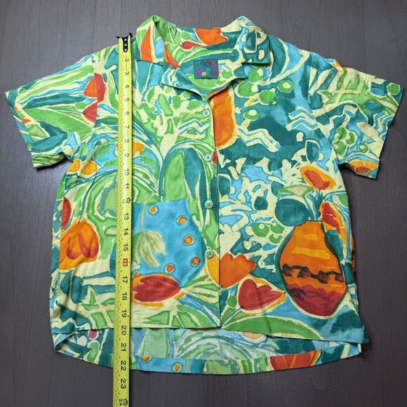 VINTAGE Jams World Hawaiian Floral Blouse Women’s XS Lily Vase Aloha Button Top - Picture 5 of 13